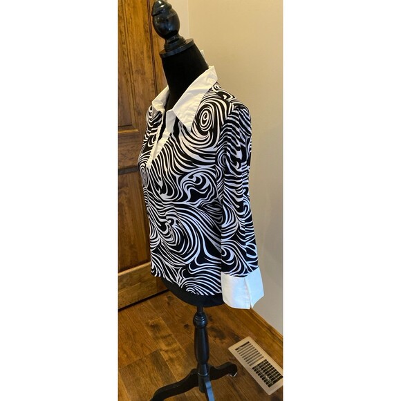 Worthington Blouse Sz Large Abstract Black & White Print Collared Top + Stretch - Picture 4 of 11